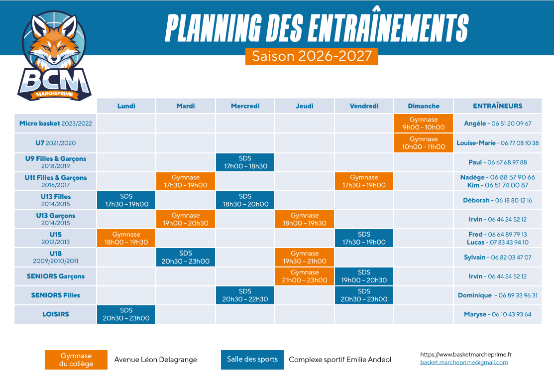 Le planning d'entrainements de la saison 2026/2027